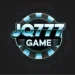 Alt text: "Logo featuring the text 'JQ777 Game' in bold, metallic blue and white, set against a circular poker chip design on a dark background."