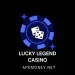 Logo of Lucky Legend Casino featuring a blue poker chip and two dice on a black background, with "apkmoney.net" below.