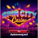 Colorful logo of "Spin City Casino" against a vibrant purple background, featuring coins and festive elements, with a loading progress bar.