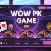 Colorful online casino interface showcasing "WOW PK GAME" with poker cards, dice, and roulette design elements.
