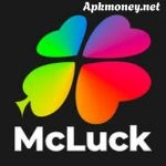 Four vibrant heart-shaped leaves form a colorful shamrock on a black background, with "McLuck" in white below. Bright and playful design.