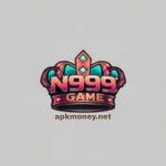 Logo of N999 Game featuring a stylized crown above the text. Below, the website "apkmoney.net" is displayed. The tone is vibrant and playful.