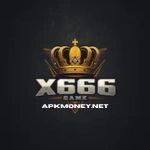A golden crown above bold metallic text "X666" set against a dark background, evoking a sense of luxury and gaming. Below is a smaller "APKMONEY.NET".